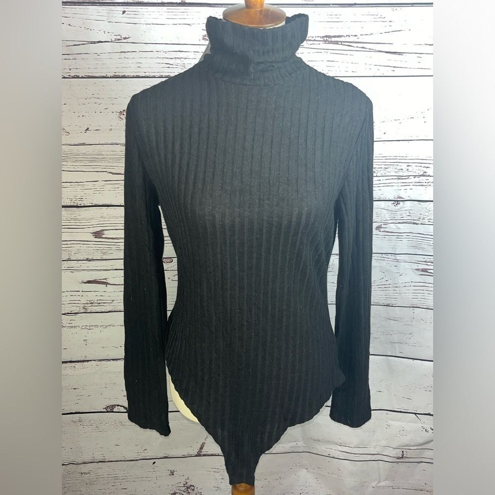 Women’s Ribbed Turtleneck Black Long Sleeve Bodysuit